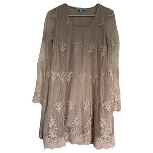 She + Sky Beige Lace Sheer Overlay Sleeveless Dress WhimsyBoho Fairycore Sz Sm